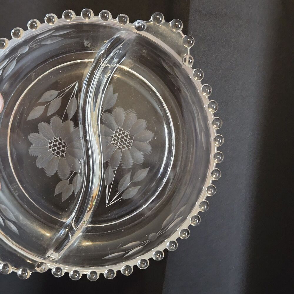 Vtg MCM Imperial Candlewick Crystal Elegant Glass Etched Floral Divided Dish, 7"